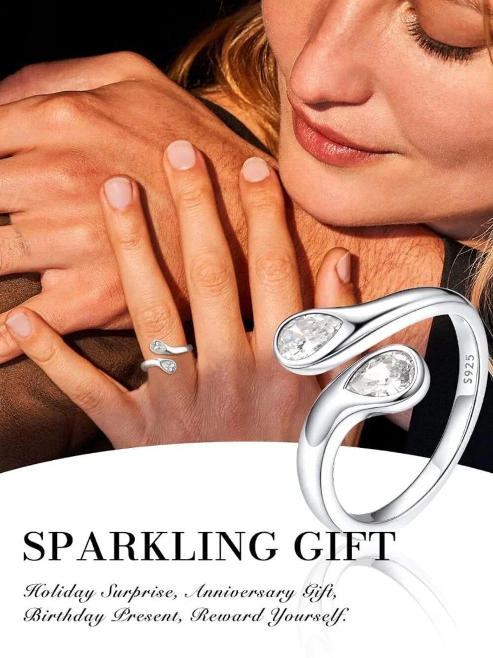 Dainty Silver Birthstone Ring for Women | Adjustable Teardrop Open Band Promise